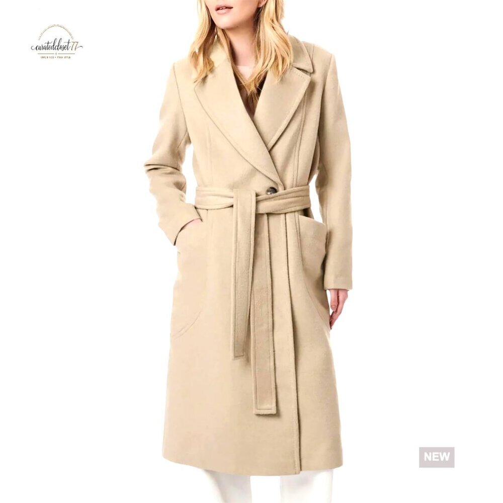 Wool Blend Pea Coat Classic Notch Lapel Slim Fit Belted Trench Overcoat